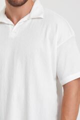 Erkek Oversize Triko Düğmesiz Polo Yaka T-shirt Beyaz - L