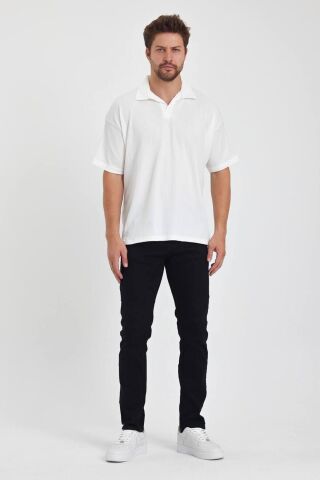 Erkek Oversize Triko Düğmesiz Polo Yaka T-shirt Beyaz - M
