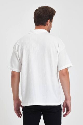 Erkek Oversize Triko Düğmesiz Polo Yaka T-shirt Beyaz - XL