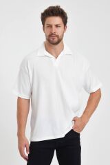 Erkek Oversize Triko Düğmesiz Polo Yaka T-shirt Beyaz - XL