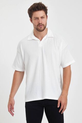 Erkek Oversize Triko Düğmesiz Polo Yaka T-shirt Beyaz - 2XL