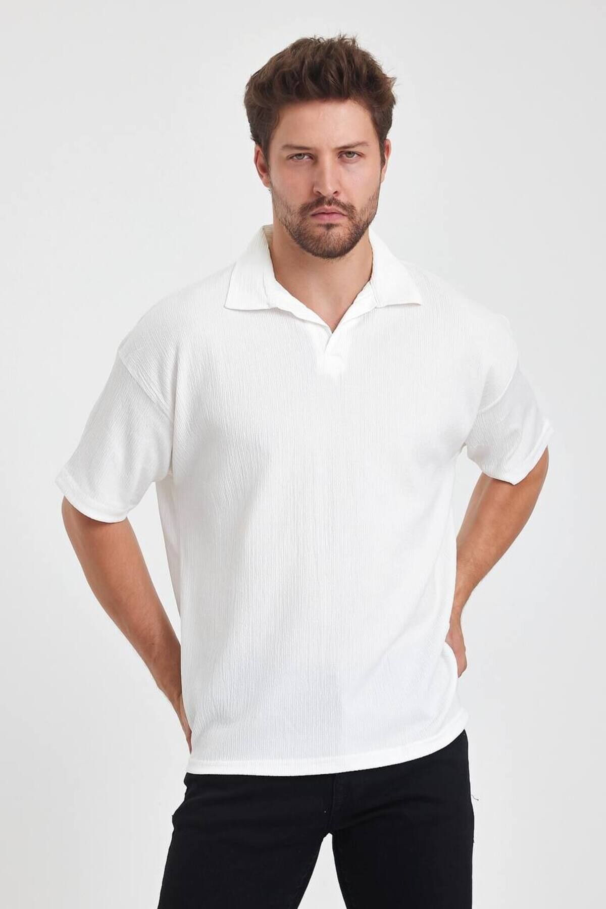 Erkek Oversize Triko Düğmesiz Polo Yaka T-shirt Beyaz - 2XL