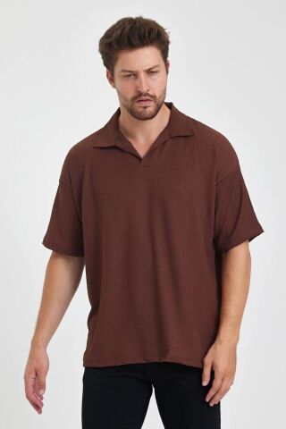 Erkek Oversize Triko Düğmesiz Polo Yaka T-shirt Kahverengi - M