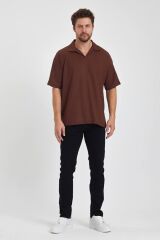 Erkek Oversize Triko Düğmesiz Polo Yaka T-shirt Kahverengi - M