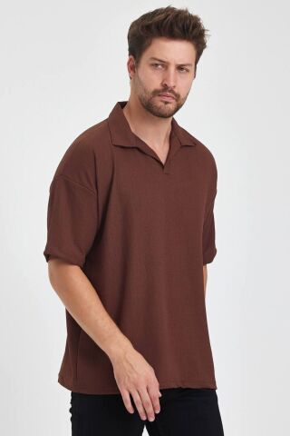Erkek Oversize Triko Düğmesiz Polo Yaka T-shirt Kahverengi - L