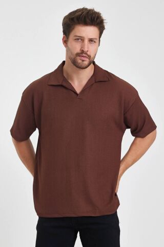 Erkek Oversize Triko Düğmesiz Polo Yaka T-shirt Kahverengi - L