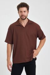 Erkek Oversize Triko Düğmesiz Polo Yaka T-shirt Kahverengi - L