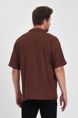Erkek Oversize Triko Düğmesiz Polo Yaka T-shirt Kahverengi - 2XL