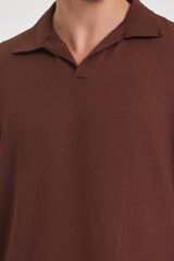 Erkek Oversize Triko Düğmesiz Polo Yaka T-shirt Kahverengi - 2XL