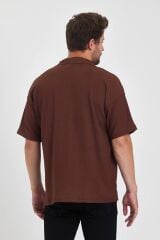 Erkek Oversize Triko Düğmesiz Polo Yaka T-shirt Kahverengi - S