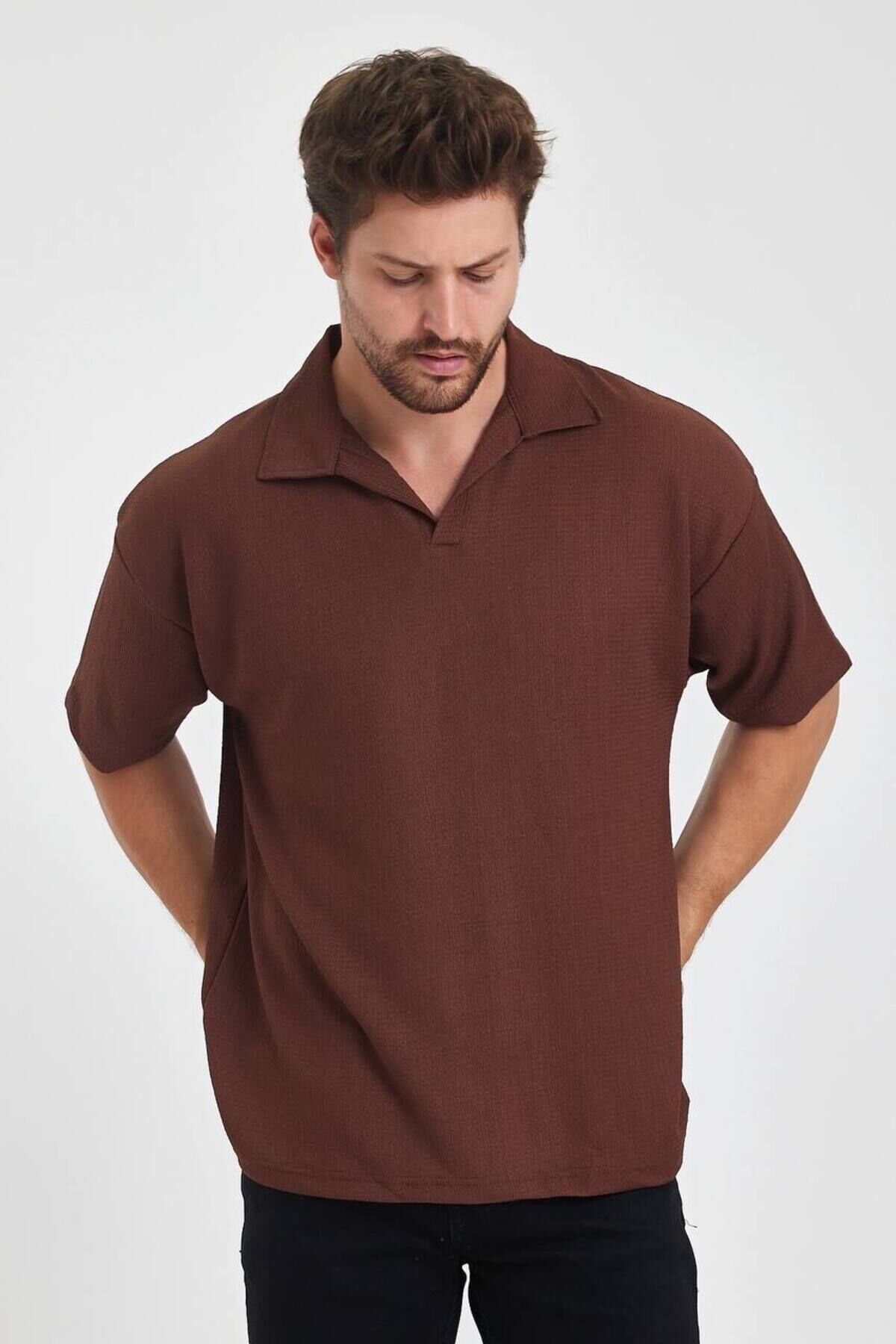 Erkek Oversize Triko Düğmesiz Polo Yaka T-shirt Kahverengi - S