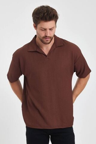 Erkek Oversize Triko Düğmesiz Polo Yaka T-shirt Kahverengi - S