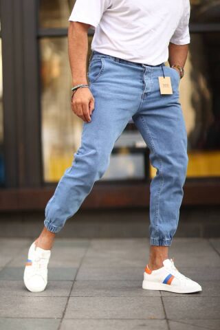 Erkek Paça Lastikli Yüksek Bel Regular Fit Kot Pantolon Mavi - 31