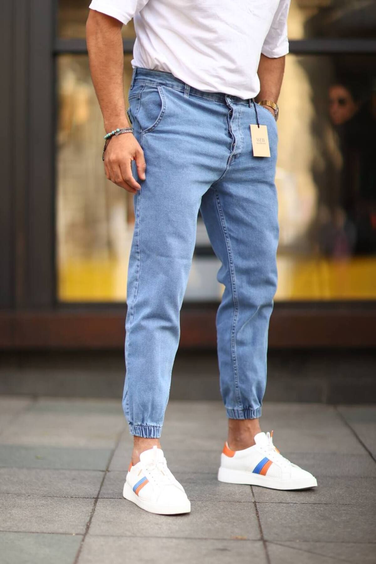 Erkek Paça Lastikli Yüksek Bel Regular Fit Kot Pantolon Mavi - 31