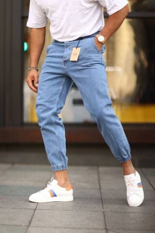 Erkek Paça Lastikli Yüksek Bel Regular Fit Kot Pantolon Mavi - 36