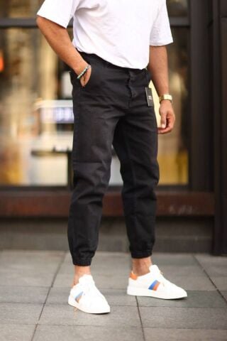 Erkek Paça Lastikli Yüksek Bel Regular Fit Kot Pantolon Siyah - 32