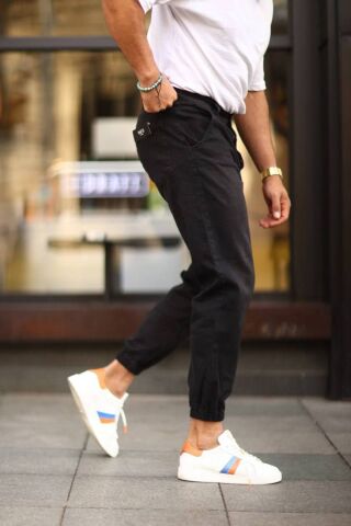 Erkek Paça Lastikli Yüksek Bel Regular Fit Kot Pantolon Siyah - 32