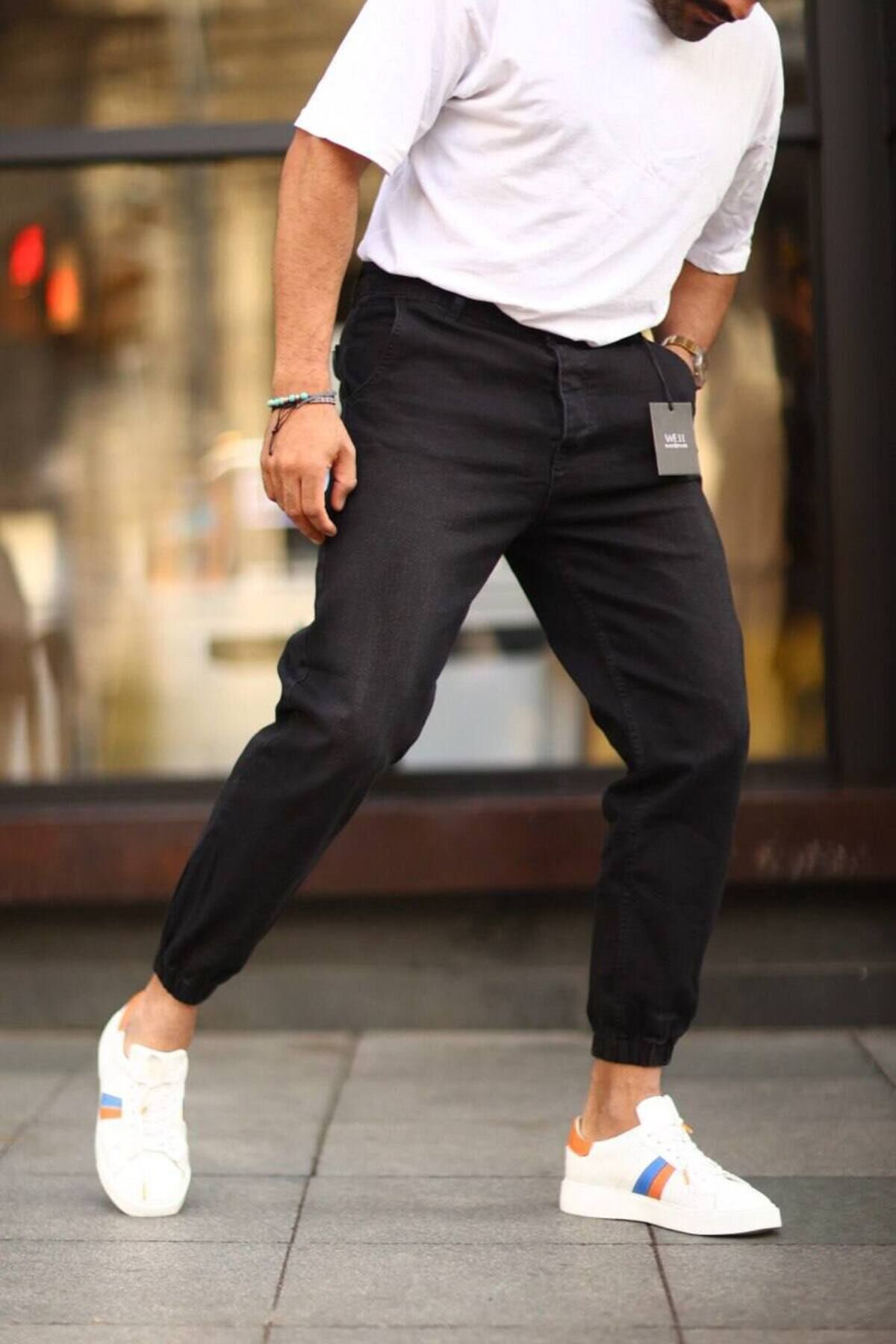 Erkek Paça Lastikli Yüksek Bel Regular Fit Kot Pantolon Siyah - 32