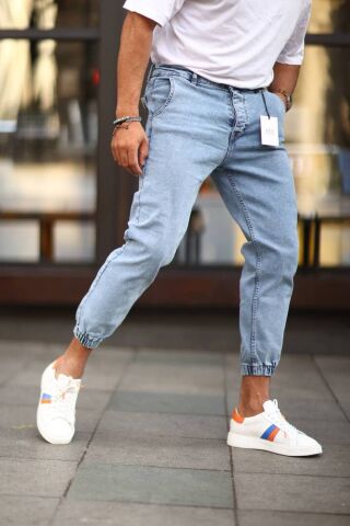 Erkek Paça Lastikli Yüksek Bel Regular Fit Kot Pantolon Buz Mavisi - 32