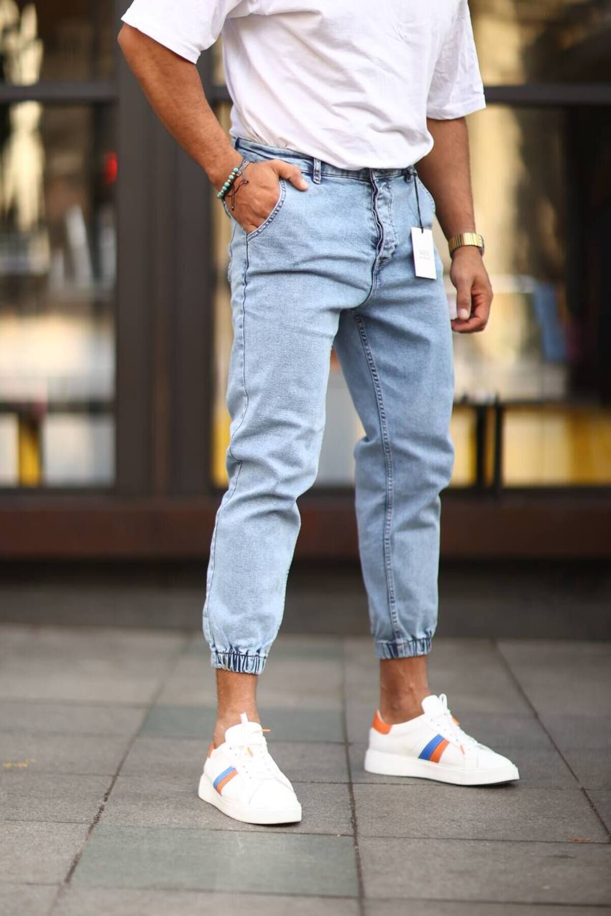 Erkek Paça Lastikli Yüksek Bel Regular Fit Kot Pantolon Buz Mavisi - 32