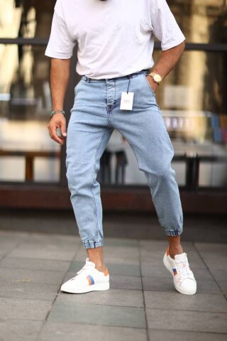 Erkek Paça Lastikli Yüksek Bel Regular Fit Kot Pantolon Buz Mavisi - 31