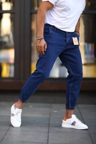 Erkek Paça Lastikli Yüksek Bel Regular Fit Kot Pantolon Lacivert - 30