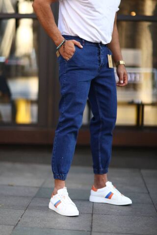 Erkek Paça Lastikli Yüksek Bel Regular Fit Kot Pantolon Lacivert - 30