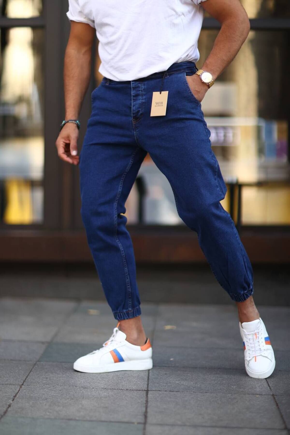 Erkek Paça Lastikli Yüksek Bel Regular Fit Kot Pantolon Lacivert - 30