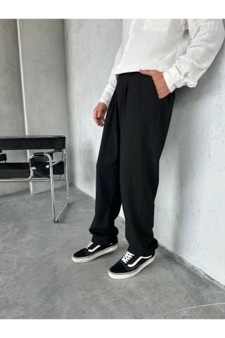 Erkek Baggy Geniş Rahat Pileli Beli Lastikli Kumaş pantolon Siyah - L