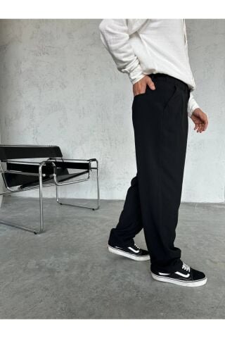 Erkek Baggy Geniş Rahat Pileli Beli Lastikli Kumaş pantolon Siyah - L