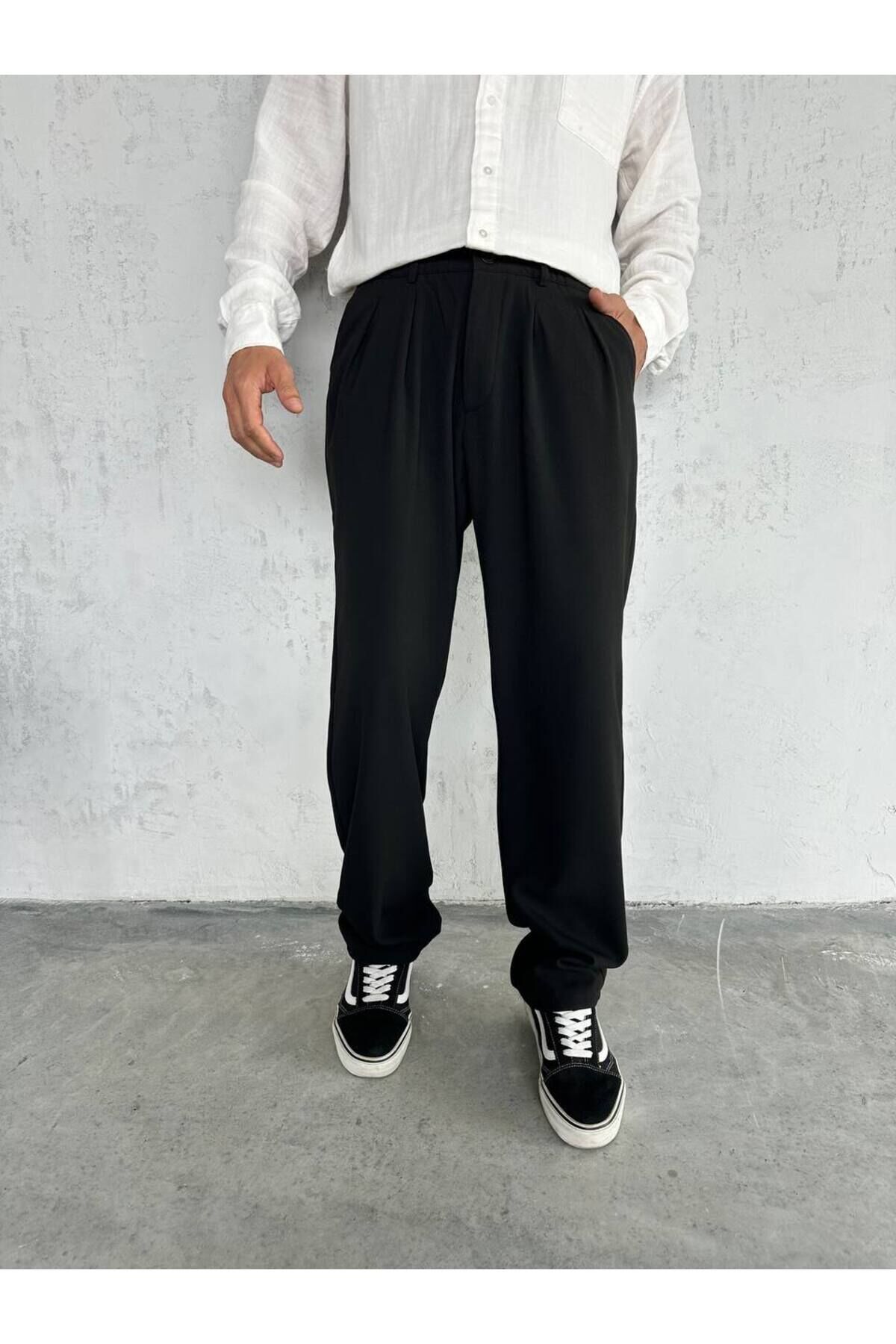 Erkek Baggy Geniş Rahat Pileli Beli Lastikli Kumaş pantolon Siyah - L