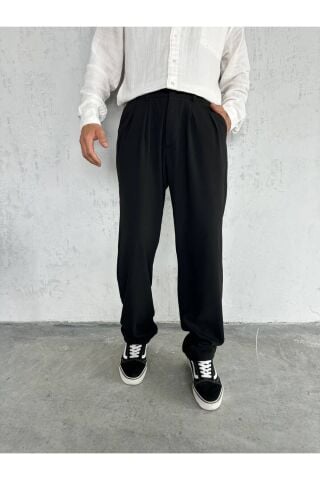 Erkek Baggy Geniş Rahat Pileli Beli Lastikli Kumaş pantolon Siyah - L
