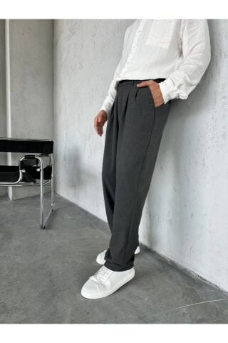 Erkek Baggy Geniş Rahat Pileli Beli Lastikli Kumaş pantolon Füme - L