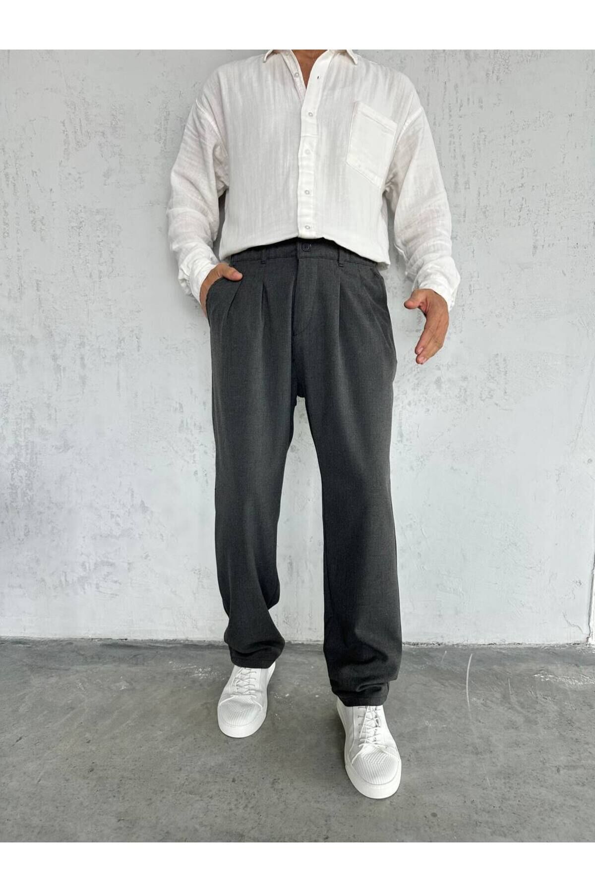 Erkek Baggy Geniş Rahat Pileli Beli Lastikli Kumaş pantolon Füme - L