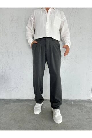 Erkek Baggy Geniş Rahat Pileli Beli Lastikli Kumaş pantolon Füme - L