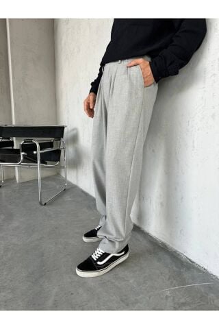 Erkek Baggy Geniş Rahat Pileli Beli Lastikli Kumaş pantolon Gri - S