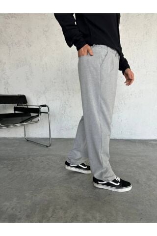 Erkek Baggy Geniş Rahat Pileli Beli Lastikli Kumaş pantolon Gri - S