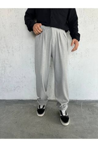 Erkek Baggy Geniş Rahat Pileli Beli Lastikli Kumaş pantolon Gri - S