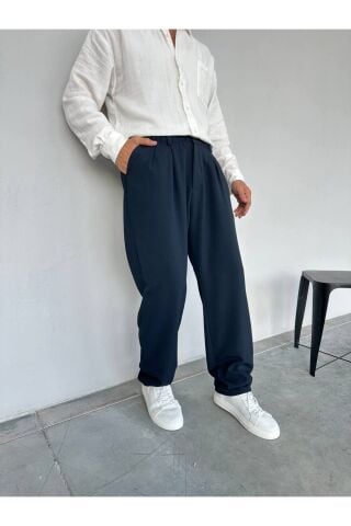 Erkek Baggy Geniş Rahat Pileli Beli Lastikli Kumaş pantolon Lacivert - XL