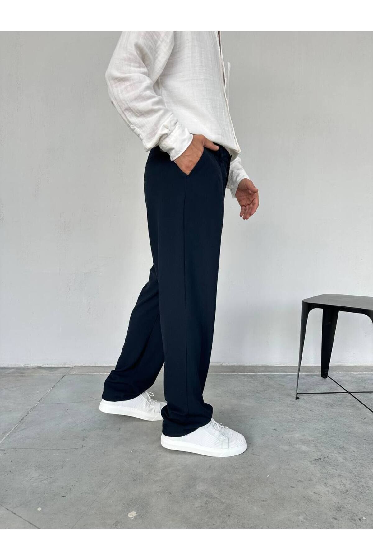 Erkek Baggy Geniş Rahat Pileli Beli Lastikli Kumaş pantolon Lacivert - XL