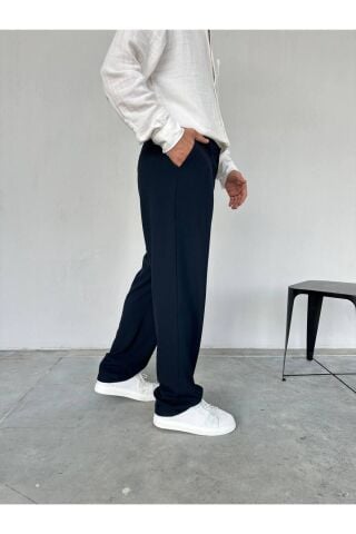 Erkek Baggy Geniş Rahat Pileli Beli Lastikli Kumaş pantolon Lacivert - XL