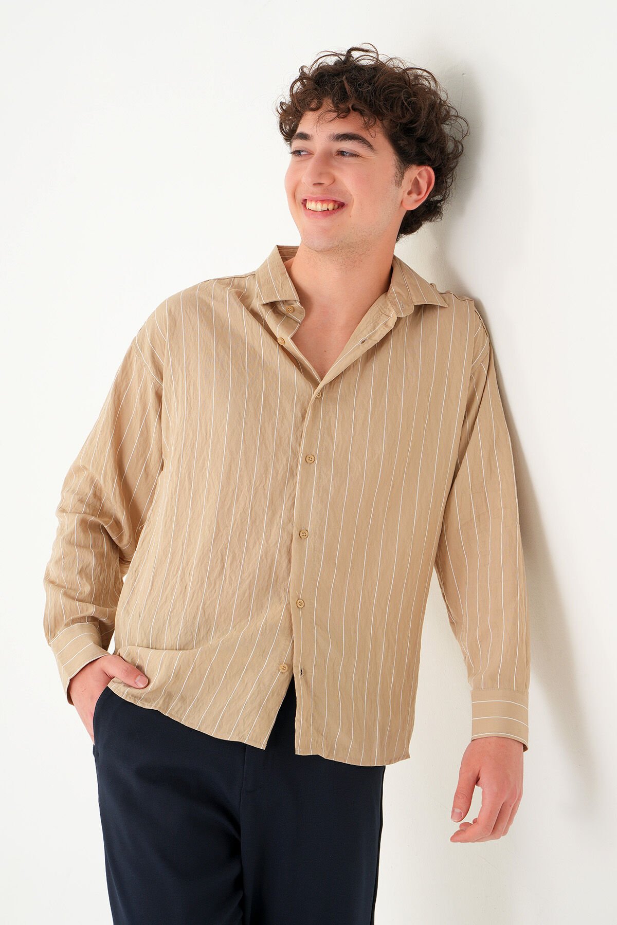 Oversize Çizgili Gömlek | Modal Kumaş Erkek Bej - XL