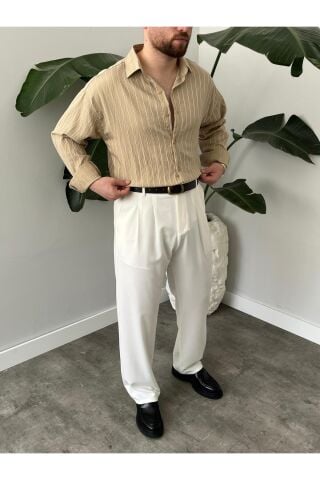 Erkek Oversize Uzun Kollu Çİzgili Gömlek Bej - M
