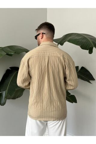 Erkek Oversize Uzun Kollu Çİzgili Gömlek Bej - M