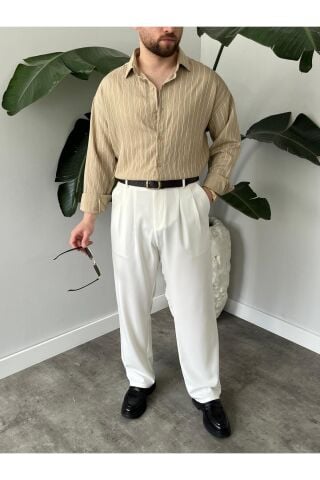 Erkek Oversize Uzun Kollu Çİzgili Gömlek Bej - M