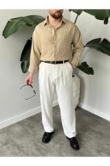Erkek Oversize Uzun Kollu Çİzgili Gömlek Bej - M