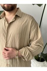 Erkek Oversize Uzun Kollu Çİzgili Gömlek Bej - M