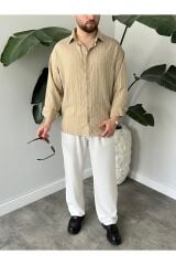 Erkek Oversize Uzun Kollu Çİzgili Gömlek Bej - M