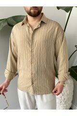Erkek Oversize Uzun Kollu Çİzgili Gömlek Bej - M