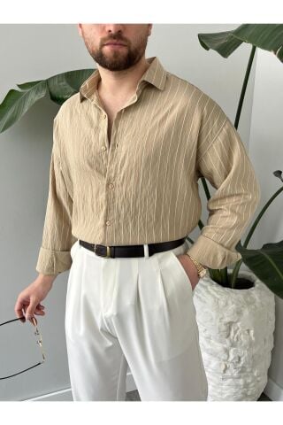 Erkek Oversize Uzun Kollu Çİzgili Gömlek Bej - M
